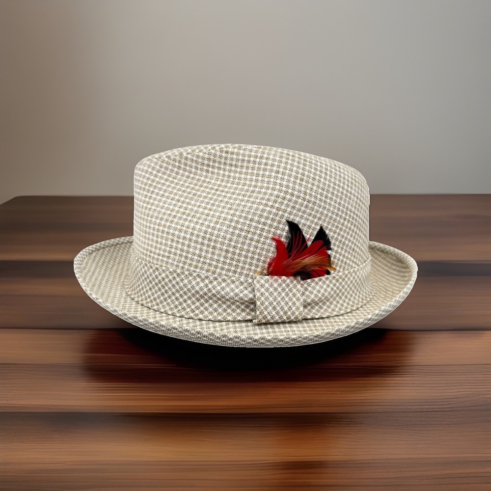 Bee Hats STL MO Fedora Mens Medium Tan Houndstooth Feather Dress Hat Union Made